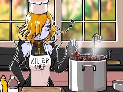 Rule 34 | 1girl, apron, breasts, chef hat, colored skin, cooking, english text, fire emblem, fire emblem: three houses, hat, highres, intelligent systems, kitchen, kronya (fire emblem), lobster, mnejing30, musical note, nintendo, orange hair, pale skin, red eyes, short hair, shrimp, solo, tagme, white skin, wide hips