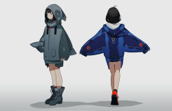 Rule 34 | 1girl, absurdres, ahoge, bare legs, black eyes, black hair, blunt bangs, bob cut, boots, closed mouth, clothes, dress, expressionless, fami (yellow skies), from behind, full body, general dynamics f16, highres, hood, hood up, hoodie, mitsubishi f2, multiple views, original, outstretched arms, red footwear, shoes, short hair, sleeves past wrists, standing, sweater, sweater dress, twitter username