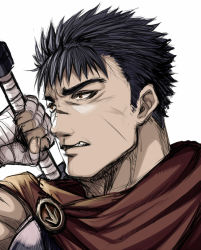 Rule 34 | 1boy, angry, armor, bandages, berserk, brown eyes, cape, clenched teeth, close-up, guts (berserk), holding, holding weapon, horosuke, looking to the side, male focus, scar, short hair, simple background, spiked hair, sword, teeth, upper body, weapon, white background