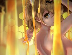 Rule 34 | 1girl, animal ears, armpits, arms up, back, black hair, blonde hair, blurry, blurry foreground, breasts, colored inner hair, extra ears, eyelashes, fang, food, food on body, from side, gakukuru, hair between eyes, honey, honeycomb (pattern), honeycomb background, kemono friends, large breasts, looking at viewer, median furrow, medium hair, multicolored hair, nude, open mouth, serval (kemono friends), solo, tongue, tongue out, two-tone hair, upper body, yellow eyes