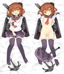 10s 1girl :d :o anchor bed_sheet black_skirt blouse bottomless bow bow_panties breasts brown_hair censored clothes_lift dakimakura_(medium) fang hair_between_eyes hair_ornament hairclip half-closed_eyes highres ikazuchi_(kancolle) kantai_collection kurasuke loli long_sleeves looking_at_viewer lying mosaic_censoring multiple_views navel neckerchief nipples on_back open_mouth orange_eyes panties panties_around_leg petite pleated_skirt pussy red_bow red_neckerchief rigging school_uniform serafuku shirt short_hair sidelocks skirt skirt_around_one_leg small_breasts smile thighhighs thighs underwear white_panties white_shirt