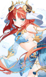 Rule 34 | 1girl, absurdres, air bubble, blue gemstone, blue nails, blue skirt, blush, breasts, brooch, bubble, circlet, closed mouth, crop top, dancer, detached sleeves, fake horns, feet out of frame, floating hair, gem, genshin impact, gold trim, green eyes, harem outfit, highres, horns, jewelry, long hair, long sleeves, looking at viewer, low twintails, medium breasts, midriff, nail polish, navel, neck ring, nilou (genshin impact), parted bangs, puffy long sleeves, puffy sleeves, red hair, simple background, skirt, smile, solo, stomach, thighlet, thighs, twintails, usanta, veil, very long hair, white background, white veil