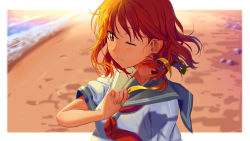 Rule 34 | 1girl, beach, blue sailor collar, blurry, blurry background, blush, brown eyes, brown hair, closed mouth, commentary request, fingernails, hand up, highres, holding, looking at viewer, love live!, love live! sunshine!!, neckerchief, one eye closed, outdoors, poligon (046), red neckerchief, sailor collar, sand, school uniform, serafuku, shirt, short hair, short sleeves, smile, solo, takami chika, upper body, white shirt