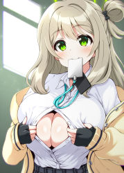 Rule 34 | 1girl, blazer, blonde hair, blue archive, blush, breasts, button gap, buttons, center opening, female focus, fingerless gloves, gloves, green eyes, highres, indoors, jacket, large breasts, long hair, looking at viewer, mouth hold, nonomi (blue archive), one side up, open clothes, open jacket, paizuri invitation, pulled by self, school uniform, side ponytail, skirt, solo, standing, unbuttoned, unbuttoned shirt, upper body