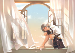 Rule 34 | 1girl, absurdres, barefoot, blush, breasts, brown skirt, covered mouth, curtains, day, girls&#039; frontline, gloves, gonzz (gon2rix), grey hair, hair between eyes, head tilt, highres, looking down, medium breasts, open window, petals, plant, pleated skirt, potted plant, shirt, short hair, sidelocks, sitting, skirt, sleeve cuffs, solo, thigh strap, twitter username, vector (girls&#039; frontline), wind, window, windowsill, yellow eyes