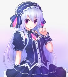Rule 34 | 1girl, bow, breasts, fairy fencer f, frills, hairband, lolita hairband, long hair, looking at viewer, red eyes, ribbon, suta (clusta), tiara (fairy fencer f), white hair