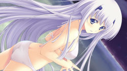 Rule 34 | 1girl, ass, baka ouji persia, bikini, blue eyes, breasts, covered erect nipples, dutch angle, floating hair, game cg, highres, inia sestina, long hair, looking at viewer, medium breasts, muv-luv, muv-luv alternative, muv-luv total eclipse, ocean, official art, outdoors, parted lips, sideboob, silver hair, solo, standing, swimsuit, very long hair, white bikini