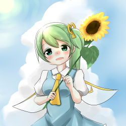Rule 34 | :d, ascot, blue dress, blush, bow, breasts, cloud, cloudy sky, commentary request, cowboy shot, daiyousei, day, dress, fairy wings, flower, green eyes, green hair, hair bow, head tilt, holding, holding flower, looking at viewer, nose blush, open mouth, outdoors, puffy short sleeves, puffy sleeves, ribbon, shirt, short hair, short sleeves, side ponytail, sky, smile, sun, sunflower, takami13, touhou, white shirt, wings, yellow ribbon