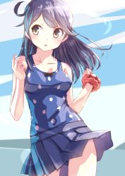 Rule 34 | 10s, 1girl, ahoge, black hair, blue background, blue one-piece swimsuit, breasts, clenched hand, collarbone, cowboy shot, haiiro (hi ghi ro), kantai collection, long hair, miniskirt, one-piece swimsuit, open mouth, pleated skirt, polka dot, polka dot swimsuit, scrunchie, sideways glance, simple background, sketch, skirt, solo, swimsuit, ushio (kancolle), wind, wind lift, wrist scrunchie