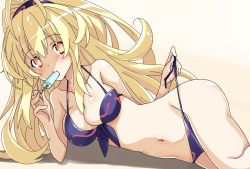 Rule 34 | absurdres, bare shoulders, blonde hair, breasts, cleavage, food, highres, iwashi dorobou -r-, large breasts, long hair, neptune (series), pish, ponytail, popsicle, swimsuit, yellow eyes, yellow heart (neptunia)