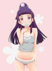 Rule 34 | 1girl, blush, bow, bow panties, breasts, camisole, collarbone, eating, flower, food, grey camisole, grey panties, hand on own chest, heart, heart print, izayoi liko, long hair, looking at viewer, mahou girls precure!, midriff, navel, panties, pink background, ponytail, popsicle, precure, print camisole, purple eyes, purple hair, slowpit, small breasts, standing, underwear, wing print