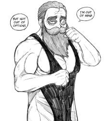 Rule 34 | 1boy, alternate muscle size, bags under eyes, bare shoulders, basedlida, beard, clenched hand, denken (sousou no frieren), facial hair, fighting stance, greyscale, hair slicked back, highres, i may be out of mana (meme), long beard, looking at viewer, loose hair strand, male focus, meme, monochrome, monocle, muscular, muscular male, old, old man, pectorals, sleeveless, solo, sousou no frieren, speech bubble, thick eyebrows, thick mustache, upper body