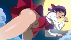 Rule 34 | 1girl, bare legs, blouse, blunt bangs, blurry, blush, bow, breasts, cloud, depth of field, dress, embarrassed, from below, full moon, gegege no kitarou, highres, long sleeves, looking at viewer, makoto osamu, medium breasts, moon, nekomusume, night, no panties, open mouth, paw pose, pointy ears, purple hair, red bow, red dress, shirt, short dress, sky, sweatdrop, thighhighs, thighs, upskirt, white shirt, wide hips, yellow eyes