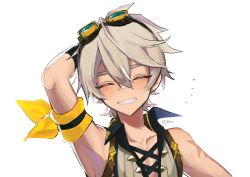 Rule 34 | 1boy, arm behind head, arm scarf, arm up, bandaid, bandaid on face, bandaid on nose, bennett (genshin impact), blush, closed eyes, commentary, genshin impact, goggles, goggles on head, grey hair, grin, hair between eyes, highres, male focus, scar, scar on arm, simple background, sleeveless, smile, solo, symbol-only commentary, twitter username, u0rei, upper body