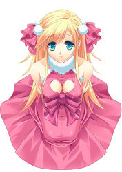 Rule 34 | 1girl, aqua eyes, blonde hair, bow, breasts, cleavage, cleavage cutout, clothing cutout, crossed arms, dress, from above, hair ornament, hairpin, heart, heart cutout, idea (soma bringer), kanikame, kneeling, long hair, looking up, pink bow, red dress, ribbon, sidelocks, simple background, smile, solo, soma bringer, waist bow