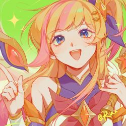 Rule 34 | 1girl, :d, absurdres, blonde hair, blue eyes, blush, bow, bowtie, covered collarbone, detached sleeves, gradient background, green background, hair ornament, highres, holding, holding staff, index finger raised, league of legends, long hair, nail polish, open mouth, orange nails, pink bow, pink bowtie, pink hair, ruan chen yue, seraphine (league of legends), side ponytail, smile, solo, staff, star guardian (league of legends), star guardian seraphine, teeth, upper teeth only