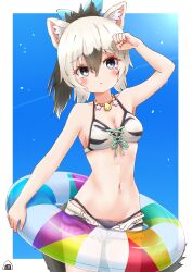 Rule 34 | 1girl, aardwolf (kemono friends), aardwolf print, animal ear fluff, animal ears, animal print, arm up, bikini, bikini under clothes, black hair, blue eyes, blue sky, blush, border, bow, breasts, cleavage, collarbone, cowboy shot, day, eyelashes, front-tie bikini top, front-tie top, furrowed brow, grey hair, groin, hair between eyes, hair bow, high ponytail, highres, holding, holding swim ring, hot, innertube, jewelry, kemono friends, kemono friends 3, long hair, looking up, medium breasts, multicolored hair, navel, necklace, official alternate costume, open clothes, open fly, open shorts, outdoors, outside border, piki (zuru-pikio), print bikini, print shorts, purple eyes, shell, shell necklace, short shorts, shorts, sky, solo, stomach, sweat, swim ring, swimsuit, tail, two-tone hair, unbuttoned, white border