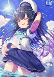 Rule 34 | 1girl, :d, arm up, beret, black hair, blue bow, blue hairband, blue neckwear, blue sailor collar, blue skirt, blue sky, blush, bow, closed eyes, cloud, commentary request, day, facing viewer, gradient hair, hair bow, hairband, hat, highres, kantai collection, long hair, matsuwa (kancolle), midriff peek, mugichoko (mugi no choko), multicolored hair, open mouth, outdoors, pink hair, pleated skirt, puffy short sleeves, puffy sleeves, sailor collar, shirt, short sleeves, skirt, sky, smile, solo, standing, very long hair, wading, water, water drop, white headwear, white shirt