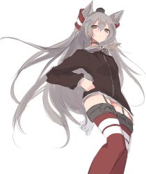 Rule 34 | 10s, 1girl, amatsukaze (kancolle), brown dress, brown eyes, choker, dress, frown, garter straps, gloves, grey hair, hair between eyes, hand on own hip, kantai collection, long hair, long sleeves, nao (qqqbb), red thighhighs, sailor dress, short dress, simple background, single glove, solo, striped clothes, striped thighhighs, thighhighs, two side up, very long hair, white background, white gloves