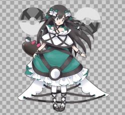Rule 34 | 1girl, alternate costume, aqua bow, aqua dress, bare shoulders, black footwear, black hair, bow, braid, checkered background, creatures (company), dress, female focus, full body, game freak, gen 7 pokemon, grey background, grey eyes, hair between eyes, hair bow, hair ornament, happy, high heels, jpeg artifacts, long hair, namako plum, net ball, nintendo, official style, open mouth, pantyhose, pigeon-toed, pink eyes, plum (vtuber), plum no bouken note, poke ball, poke ball symbol, pokemon, pokemon (creature), pyukumuku, shoes, simple background, smile, solo focus, standing, twin braids, two-tone background, virtual youtuber, white pantyhose