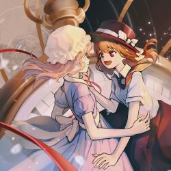 Rule 34 | 2girls, :d, back bow, black headwear, black skirt, blonde hair, bow, brown hair, closed mouth, collared shirt, commentary, cowboy shot, dress, fingernails, floating hair, hat, hat bow, highres, holding hands, interlocked fingers, long hair, looking at another, maribel hearn, mob cap, multiple girls, necktie, open mouth, pocket watch, puffy short sleeves, puffy sleeves, purple dress, red eyes, red necktie, rinne030, shirt, short sleeves, skirt, smile, symbol-only commentary, touhou, usami renko, watch, white bow, white headwear, white shirt