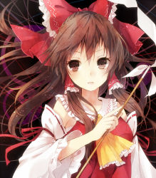 Rule 34 | 1girl, ascot, bad id, bad pixiv id, bow, brown eyes, brown hair, collar, detached sleeves, gohei, hair bow, hair tubes, hakurei reimu, holding, long hair, long sleeves, looking at viewer, multiple girls, nunucco, open mouth, red bow, ribbon, sidelocks, solo, stick, touhou, vest