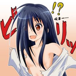 Rule 34 | !?, 1girl, areola slip, azumawari (azumofu), blue hair, breasts, brown eyes, censored, convenient censoring, dress, hair censor, hair over breasts, open mouth, small breasts, solo, the ring, torn clothes, translation request, white dress, yamamura sadako