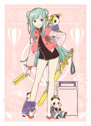 Rule 34 | 1girl, china dress, chinese clothes, closed mouth, commentary request, contrapposto, dress, green hair, high heels, highres, jacket, jian (weapon), keishin, leaning forward, long hair, long sleeves, looking at viewer, original, panda, pink background, pink jacket, purple eyes, red footwear, short dress, smile, solo, standing, sword, weapon