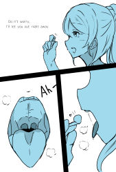 Rule 34 | 10s, 1boy, 1girl, absurdres, ayase eli, blue theme, blush, breath, clip (368806sd), close-up, comic, english text, giant, giantess, hair ornament, hair scrunchie, highres, long hair, love live!, love live! school idol project, open mouth, ponytail, pov, saliva, scrunchie, simple background, teeth, tongue, tongue out, upper body, uvula, vore, white background
