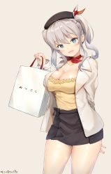 Rule 34 | 1girl, :d, arm behind back, aymusk, bag, bandana, beret, black hat, black skirt, blue eyes, breasts, casual, cleavage, collarbone, cowboy shot, hat, head tilt, highres, holding, holding bag, jacket, kantai collection, kashima (kancolle), large breasts, long hair, looking at viewer, miniskirt, neck ribbon, open clothes, open jacket, open mouth, red bandana, red ribbon, ribbon, shirt, shopping bag, sidelocks, skirt, smile, solo, twintails, unbuttoned, wavy hair, white jacket, yellow shirt