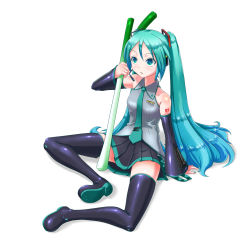 Rule 34 | 1girl, aqua eyes, aqua hair, arm support, boots, copyright name, detached sleeves, hatsune miku, headset, highres, long hair, nail polish, necktie, oonishi shunsuke, simple background, sitting, skirt, solo, spring onion, tattoo, thigh boots, thighhighs, twintails, very long hair, vocaloid, white background