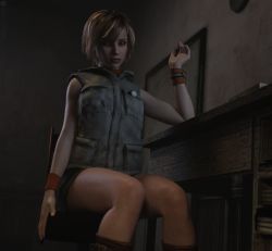 Rule 34 | 1girl, 3d, artist request, breasts, full body, heather mason, highres, jacket, lips, looking at viewer, medium breasts, short hair, silent hill, silent hill (series), silent hill 3, sitting, skirt, sleeveless, sleeveless turtleneck, solo, turtleneck, vest, wristband