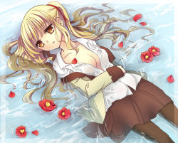Rule 34 | 10s, 1girl, alternate costume, angel beats!, blonde hair, camellia, flower, long hair, lying, nakamura hinato, open clothes, open shirt, pantyhose, partially submerged, school uniform, shirt, twintails, water, wet, wet clothes, yusa (angel beats!)