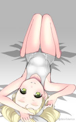 Rule 34 | 1girl, armpits, blonde hair, commentary request, flat chest, green eyes, hairband, i-504 (kancolle), kantai collection, knees together feet apart, luigi torelli (kancolle), lying, majin (marcia), medium hair, one-hour drawing challenge, one-piece swimsuit, parted lips, smile, solo, swimsuit, white hairband, white one-piece swimsuit