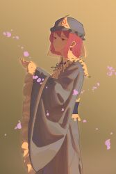 Rule 34 | 1girl, 7kin, absurdres, blue headwear, blue kimono, blue ribbon, blue sash, closed mouth, falling petals, flower, frilled hat, frilled shirt collar, frills, gradient background, hand up, hat, highres, japanese clothes, kimono, light smile, long sleeves, mob cap, neck ribbon, petals, purple eyes, purple flower, purple hair, ribbon, ribbon-trimmed collar, ribbon trim, saigyouji yuyuko, sash, shade, short hair, sidelocks, solo, standing, touhou, wide sleeves, yellow background