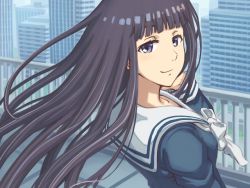 Rule 34 | 1girl, black hair, blue eyes, building, city, cityscape, day, female focus, from behind, himegami aisa, jinrai (owl12), long hair, looking at viewer, looking back, looking to the side, outdoors, school uniform, smile, solo, toaru majutsu no index, upper body