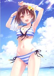 Rule 34 | 1girl, ;d, armpits, arms up, bare shoulders, bikini, blue bikini, blue sky, bracelet, breasts, brown eyes, brown hair, cleavage, cloud, cloudy sky, cowboy shot, day, flower, front-tie bikini top, front-tie top, fukahire (ruinon), gluteal fold, hair flower, hair ornament, halterneck, highres, jewelry, looking at viewer, medium breasts, navel, necklace, ocean, one eye closed, open mouth, original, outdoors, scan, shirt, short hair, side-tie bikini bottom, sky, smile, solo, standing, stomach, striped bikini, striped clothes, sunlight, swimsuit, thighs, undressing, water, wet, white shirt, yellow flower