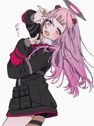 Rule 34 | 1girl, black jacket, black shorts, blush, claw pose, close game/offline (project sekai), from behind, gao, halo, iwawa, jacket, long hair, mechanical ears, mechanical halo, nail polish, ootori emu, open mouth, pink eyes, pink hair, pink nails, pouch, project sekai, shorts, simple background, solo, thigh strap, upper body, very long hair, white background