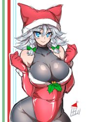 Rule 34 | 1girl, alternate costume, bare shoulders, black leotard, blue eyes, bow, braid, breasts, christmas, collarbone, cowboy shot, elbow gloves, gloves, hair between eyes, hair bow, hands up, hat, highres, holly, impossible clothes, impossible leotard, izayoi sakuya, large breasts, latex, latex gloves, layered clothes, leotard, navel, red gloves, red leotard, santa hat, shiny clothes, signature, silver hair, sketch, smile, solo, striped, striped background, tajima yuuki, touhou, twin braids, white background, wide hips