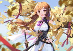 1girl :d bare_shoulders blue_sky brown_eyes brown_hair cavcaz chinese_clothes hand_on_own_hip highres holding holding_sword holding_weapon honkai:_star_rail honkai_(series) long_hair looking_at_viewer open_mouth outdoors petals sky smile solo sushang_(honkai:_star_rail) sword tree upper_body weapon