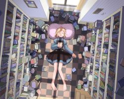 Rule 34 | 1girl, barefoot, blonde hair, book, bookshelf, checkered floor, dress, from above, mochizuki saku, original, pillow, short hair, sleeping, solo