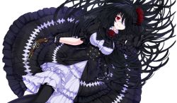 Rule 34 | 1girl, bizure:, black gloves, black hair, black legwear, buttons, date a live, double-breasted, dress, eyepatch, flower, frilled dress, frills, from above, gloves, gothic lolita, gun, hair flower, hair ornament, holding, holding gun, holding weapon, lolita fashion, long hair, looking at viewer, lying, on back, puffy short sleeves, puffy sleeves, reaching, reaching towards viewer, red eyes, red flower, red rose, rose, short sleeves, simple background, smile, solo, tokisaki kurumi, very long hair, weapon, white background