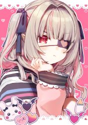 Rule 34 | 1girl, :t, absurdres, baby bottle, blush stickers, bottle, brown hair, eyepatch, hair intakes, head rest, heart, highres, jacket, long hair, long sleeves, looking at viewer, makaino ririmu, nijisanji, off shoulder, pink jacket, pointy ears, pout, red eyes, shirt, sidelocks, solo, two side up, upper body, virtual youtuber, white shirt, yumesaki nana