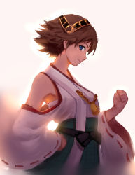 Rule 34 | 10s, 1girl, backlighting, bare shoulders, blue eyes, brown hair, detached sleeves, from side, gradient background, hair ornament, headgear, hiei (kancolle), highres, kantai collection, long sleeves, looking at viewer, shirt, short hair, skirt, smile, sola7764, solo, wide sleeves