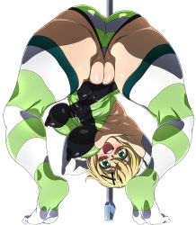 Rule 34 | 1girl, akatsuki kirika, ass, bent over, blonde hair, blush, bouncing breasts, breasts, cameltoe, cleft of venus, covered anus, covered erect nipples, covered navel, fat mons, from behind, full body, green eyes, green leotard, highres, impossible clothes, impossible leotard, j.h., large breasts, leotard, looking at viewer, looking back, open mouth, partially visible vulva, pole dancing, puffy nipples, scythe, senki zesshou symphogear, shiny clothes, shiny skin, short hair, simple background, skin tight, smile, solo, standing, striped clothes, striped thighhighs, teeth, thighhighs, thighs, white background