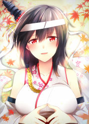 Rule 34 | 1girl, black hair, blush, breasts, commentary request, detached sleeves, floral print, hair ornament, headband, japanese clothes, kantai collection, large breasts, looking at viewer, nontraditional miko, own hands together, red eyes, revision, rui shi (rayze ray), short hair, solo, upper body, yamashiro (kancolle), yamashiro kai ni (kancolle)