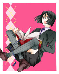 Rule 34 | 1boy, argyle, argyle background, argyle clothes, bad id, bad pixiv id, black hair, bob cut, book, crossdressing, fate/zero, fate (series), green eyes, indian style, male focus, pleated skirt, ran (ran 0605), sitting, skirt, solo, striped clothes, striped thighhighs, thighhighs, trap, vertical-striped clothes, vertical-striped thighhighs, waver velvet