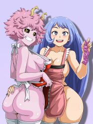 Rule 34 | 2girls, apron, ashido mina, ass, ass grab, black sclera, blue eyes, blue hair, boku no hero academia, breasts, cleavage, colored sclera, colored skin, condom, condom wrapper, grabbing another&#039;s ass, hadou nejire, highres, horns, large breasts, long hair, multiple girls, naked apron, no panties, non-web source, pink hair, pink skin, sano br, sideboob, tagme, thighhighs, third-party edit, very long hair, yellow eyes