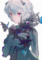 Rule 34 | 1girl, absurdres, alternate color, alternate hair color, ayanami rei, black butterfly, black flower, blue butterfly, bug, butterfly, eyelashes, flower, hair between eyes, high collar, highres, holding, holding flower, insect, lily (flower), lips, looking at viewer, muted color, neon genesis evangelion, parted lips, pink eyes, plugsuit, short hair, simple background, solo, static, upper body, vhs artifacts, white background, white hair, xianyu liang