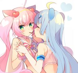 Rule 34 | 10s, 2girls, ahoge, animal ears, blue hair, blush, cat ears, closed eyes, dyed ahoge, elbow gloves, food, gloves, green eyes, hairband, heart, holding hands, interlocked fingers, long hair, mayachi (amuriya), multiple girls, pink hair, pocky, pocky kiss, rosia (show by rock!!), shared food, show by rock!!, simple background, tsukino (show by rock!!), twintails, white gloves, yuri